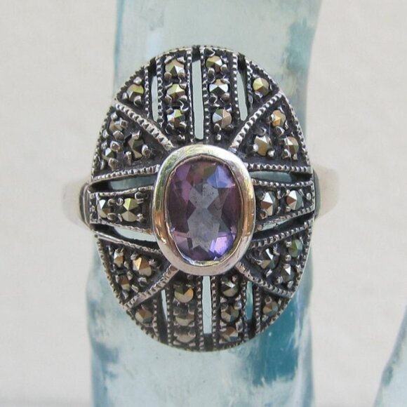 Vintage amethyst sterling silver ring sz 6.75 marcasite art deco engagement ring - Picture 3 of 9
